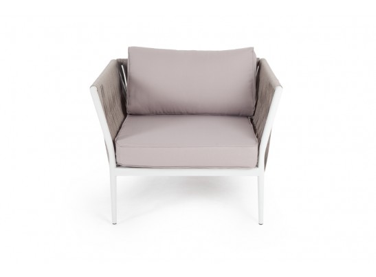 "Касабланка" кресло плетеное из роупа, каркас алюминий светло-серый (RAL7035) шагрень, роуп серо-коричневый 23мм, ткань Savana ivory в Ростове-на-Дону