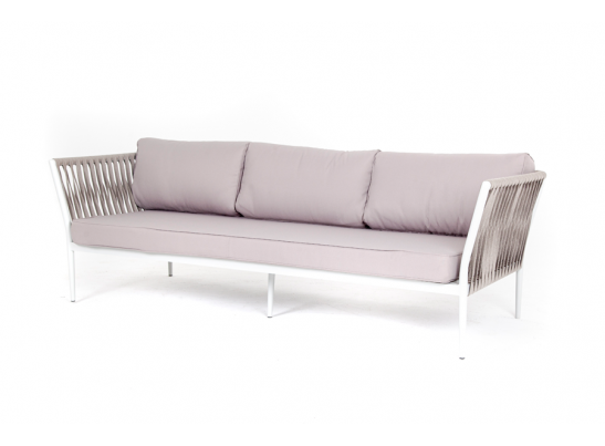 "Касабланка" диван 3-местный плетеный из роупа, каркас алюминий белый, роуп бежевый 20мм, ткань бежевая в Ростове-на-Дону