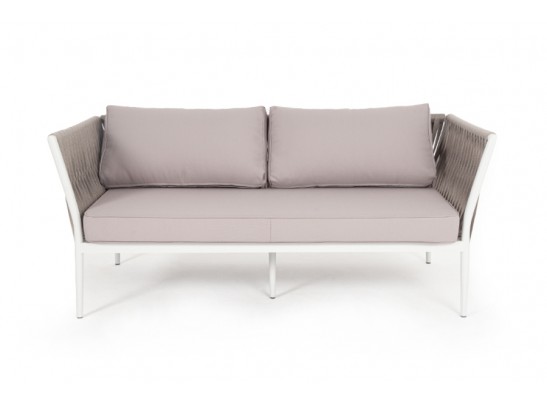 "Касабланка" диван 2-местный плетеный из роупа, каркас алюминий светло-серый (RAL7035) шагрень, роуп серо-коричневый 23мм, ткань бежевая инт? в Ростове-на-Дону