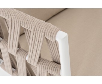 "Диего" кресло плетеное из роупа, каркас алюминий белый муар, роуп бежевый круглый, ткань бежевая 15052
