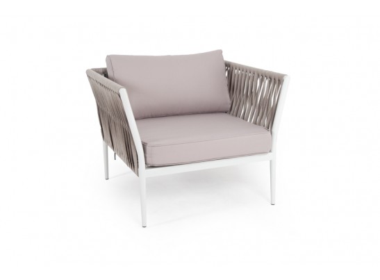 "Касабланка" кресло плетеное из роупа, каркас алюминий светло-серый (RAL7035) шагрень, роуп серо-коричневый 23мм, ткань Savana ivory в Ростове-на-Дону