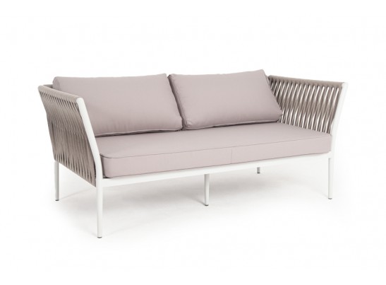 "Касабланка" диван 2-местный плетеный из роупа, каркас алюминий светло-серый (RAL7035) шагрень, роуп серо-коричневый 23мм, ткань бежевая инт? в Ростове-на-Дону