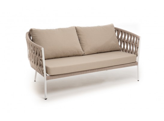 "Диего" диван 2-местный плетеный из роупа, каркас алюминий белый муар, роуп бежевый круглый, ткань бежевая 035 в Ростове-на-Дону