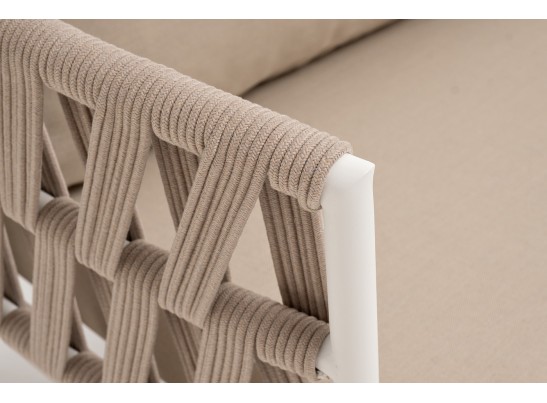 "Диего" диван 2-местный плетеный из роупа, каркас алюминий белый муар, роуп бежевый круглый, ткань бежевая 052 в Ростове-на-Дону