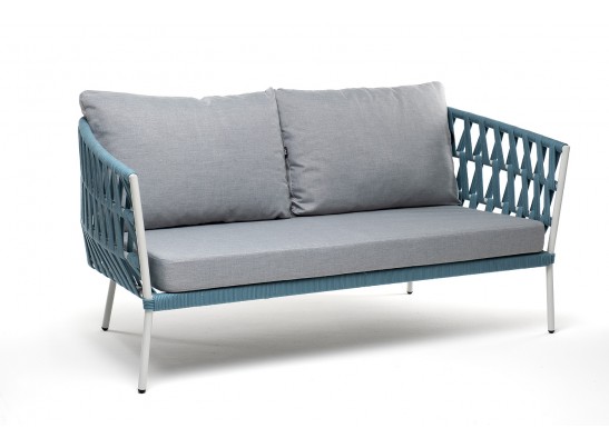 "Диего" диван 2-местный плетеный из роупа, каркас алюминий светло-серый (RAL7035) муар, роуп бирюзовый круглый, ткань светло-серая в Ростове-на-Дону