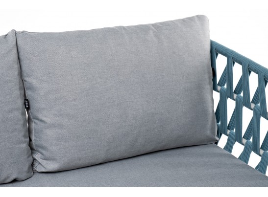 "Диего" диван 2-местный плетеный из роупа, каркас алюминий светло-серый (RAL7035) муар, роуп бирюзовый круглый, ткань светло-серая в Ростове-на-Дону