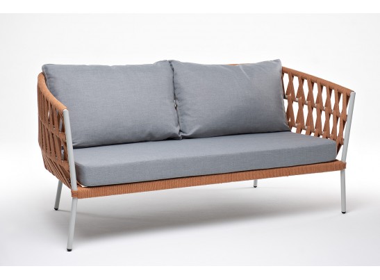 "Диего" диван 2-местный плетеный из роупа, каркас алюминий светло-серый (RAL7035) муар, роуп оранжевый меланж круглый, ткань светло-серая в Ростове-на-Дону