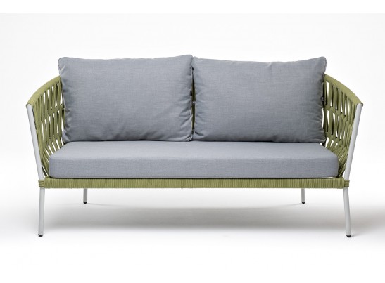 "Диего" диван 2-местный плетеный из роупа, каркас алюминий светло-серый (RAL7035) муар, роуп салатовый меланж круглый, ткань светло-серая в Ростове-на-Дону