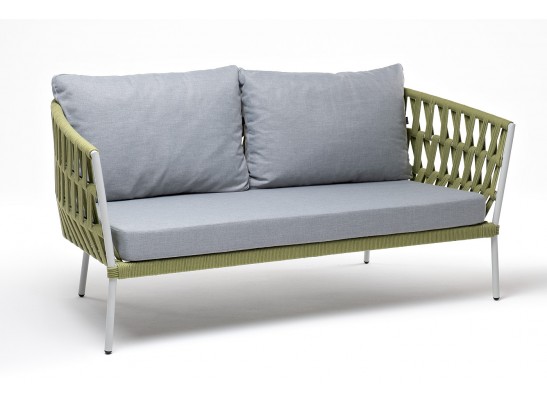 "Диего" диван 2-местный плетеный из роупа, каркас алюминий светло-серый (RAL7035) муар, роуп салатовый меланж круглый, ткань светло-серая в Ростове-на-Дону