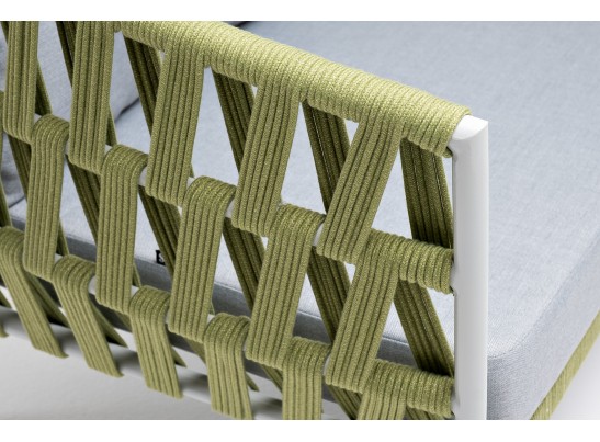 "Диего" диван 2-местный плетеный из роупа, каркас алюминий светло-серый (RAL7035) муар, роуп салатовый меланж круглый, ткань светло-серая в Ростове-на-Дону