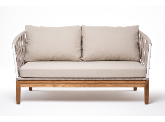 "Диего" диван 2-местный плетеный из роупа, основание дуб, каркас алюминий светло-серый (RAL7035) муар, роуп бежевый круглый, ткань бежевая 052 в Ростове-на-Дону
