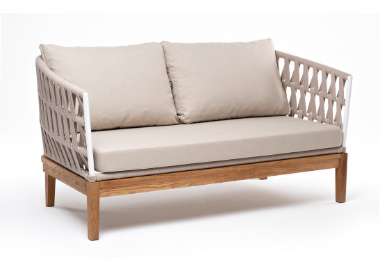 "Диего" диван 2-местный плетеный из роупа, основание дуб, каркас алюминий светло-серый (RAL7035) муар, роуп бежевый круглый, ткань бежевая 052 в Ростове-на-Дону