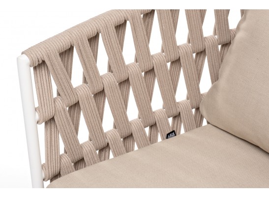 "Диего" диван 2-местный плетеный из роупа, основание дуб, каркас алюминий светло-серый (RAL7035) муар, роуп бежевый круглый, ткань бежевая 052 в Ростове-на-Дону