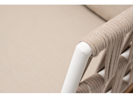 "Диего" диван 2-местный плетеный из роупа, основание дуб, каркас алюминий светло-серый (RAL7035) муар, роуп бежевый круглый, ткань бежевая 052 в Ростове-на-Дону