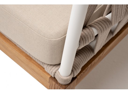 "Диего" диван 2-местный плетеный из роупа, основание дуб, каркас алюминий светло-серый (RAL7035) муар, роуп бежевый круглый, ткань бежевая 052 в Ростове-на-Дону