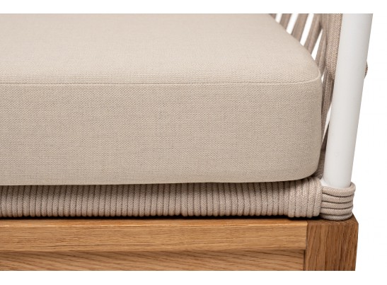 "Диего" диван 2-местный плетеный из роупа, основание дуб, каркас алюминий светло-серый (RAL7035) муар, роуп бежевый круглый, ткань бежевая 052 в Ростове-на-Дону