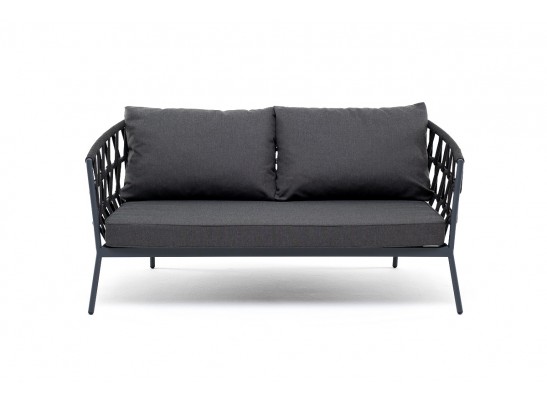 "Диего" диван 2-местный плетеный из роупа, каркас алюминий темно-серый (RAL7024) муар, роуп темно-серый круглый, ткань темно-серая 027 в Ростове-на-Дону