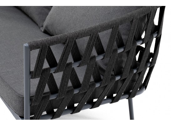 "Диего" диван 2-местный плетеный из роупа, каркас алюминий темно-серый (RAL7024) муар, роуп темно-серый круглый, ткань темно-серая 027 в Ростове-на-Дону