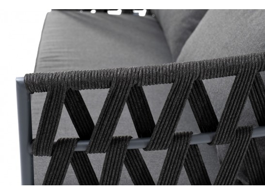 "Диего" диван 2-местный плетеный из роупа, каркас алюминий темно-серый (RAL7024) муар, роуп темно-серый круглый, ткань темно-серая 027 в Ростове-на-Дону