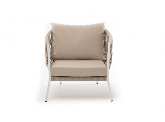 "Диего" кресло плетеное из роупа, каркас алюминий белый муар, роуп бежевый круглый, ткань бежевая 052 в Ростове-на-Дону