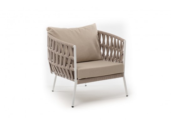 "Диего" кресло плетеное из роупа, каркас алюминий белый муар, роуп бежевый круглый, ткань бежевая 052 в Ростове-на-Дону