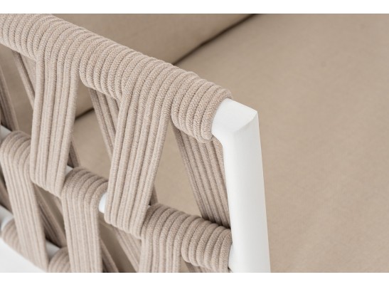 "Диего" кресло плетеное из роупа, каркас алюминий белый муар, роуп бежевый круглый, ткань бежевая 052 в Ростове-на-Дону