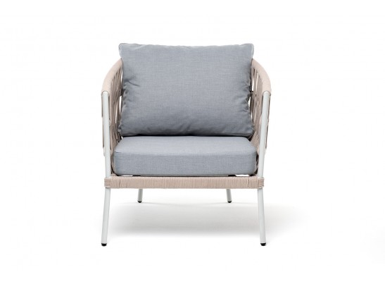 "Диего" кресло плетеное из роупа, каркас алюминий светло-серый (RAL7035) муар, роуп бежевый круглый, ткань светло-серая в Ростове-на-Дону