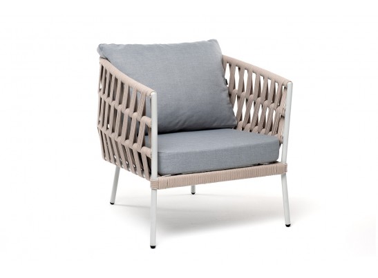 "Диего" кресло плетеное из роупа, каркас алюминий светло-серый (RAL7035) муар, роуп бежевый круглый, ткань светло-серая в Ростове-на-Дону