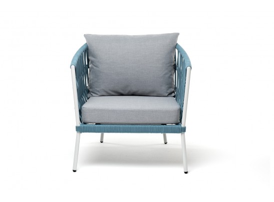 "Диего" кресло плетеное из роупа, каркас алюминий светло-серый (RAL7035) муар, роуп бирюзовый круглый, ткань светло-серая в Ростове-на-Дону