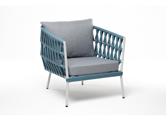 "Диего" кресло плетеное из роупа, каркас алюминий светло-серый (RAL7035) муар, роуп бирюзовый круглый, ткань светло-серая в Ростове-на-Дону