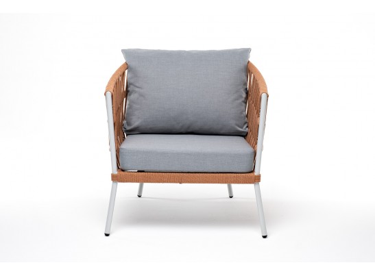 "Диего" кресло плетеное из роупа, каркас алюминий светло-серый (RAL7035) муар, роуп оранжевый меланж круглый, ткань светло-серая в Ростове-на-Дону