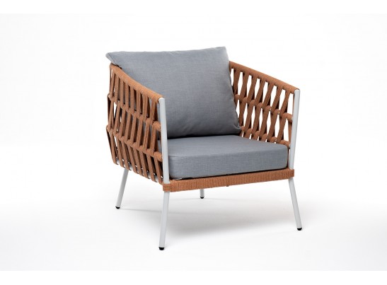 "Диего" кресло плетеное из роупа, каркас алюминий светло-серый (RAL7035) муар, роуп оранжевый меланж круглый, ткань светло-серая в Ростове-на-Дону