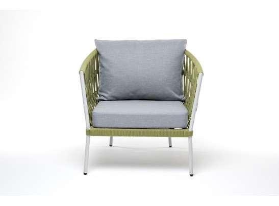 "Диего" кресло плетеное из роупа, каркас алюминий светло-серый (RAL7035) муар, роуп салатовый меланж круглый, ткань светло-серая в Ростове-на-Дону