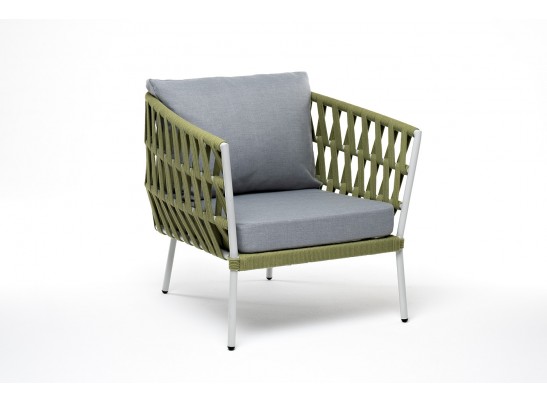 "Диего" кресло плетеное из роупа, каркас алюминий светло-серый (RAL7035) муар, роуп салатовый меланж круглый, ткань светло-серая в Ростове-на-Дону