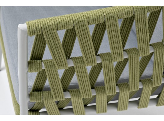 "Диего" кресло плетеное из роупа, каркас алюминий светло-серый (RAL7035) муар, роуп салатовый меланж круглый, ткань светло-серая в Ростове-на-Дону