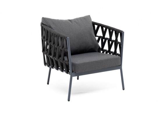 "Диего" кресло плетеное из роупа, каркас алюминий темно-серый (RAL7024) муар, роуп темно-серый круглый, ткань темно-серая 027 в Ростове-на-Дону