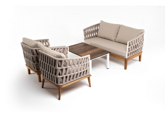 "Диего" лаунж-зона 4-местная плетеная из роупа со столиком "Канны" цвета "дуб", основание дуб, роуп бежевый в Ростове-на-Дону