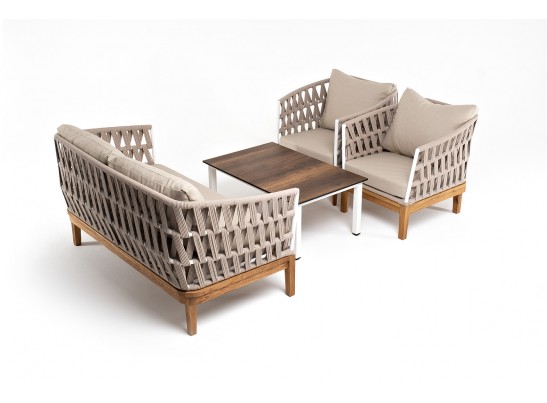 "Диего" лаунж-зона 4-местная плетеная из роупа со столиком "Канны" цвета "дуб", основание дуб, роуп бежевый в Ростове-на-Дону