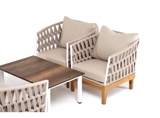"Диего" лаунж-зона 4-местная плетеная из роупа со столиком "Канны" цвета "дуб", основание дуб, роуп бежевый в Ростове-на-Дону