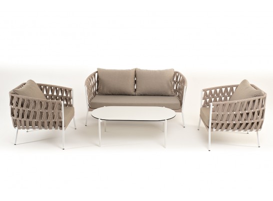 "Диего" лаунж-зона 4-местная плетеная из роупа (веревки), каркас алюминиевый белый, роуп бежевый в Ростове-на-Дону "Диего" лаунж-зона 4-местная плетеная из роупа (веревки), каркас алюминиевый белый, роуп бежевый в Ростове-на-Дону