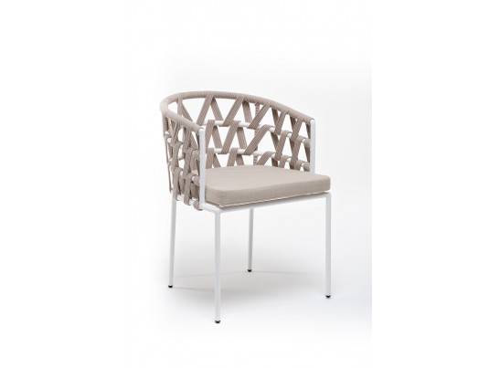 "Диего" стул плетеный из роупа, каркас из стали белый муар, роуп бежевый круглый, ткань бежевая 052 в Ростове-на-Дону
