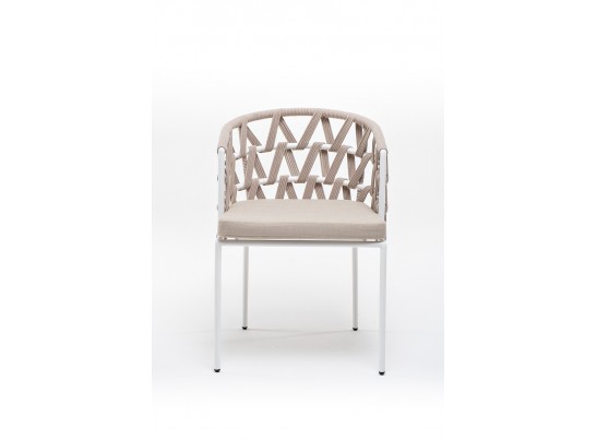 "Диего" стул плетеный из роупа, каркас из стали белый муар, роуп бежевый круглый, ткань бежевая 052 в Ростове-на-Дону