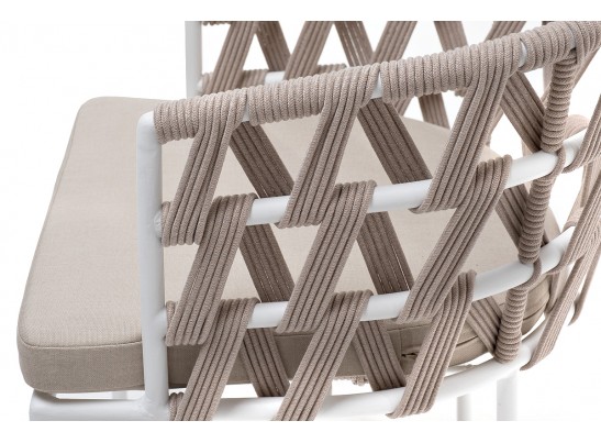 "Диего" стул плетеный из роупа, каркас из стали белый муар, роуп бежевый круглый, ткань бежевая 052 в Ростове-на-Дону