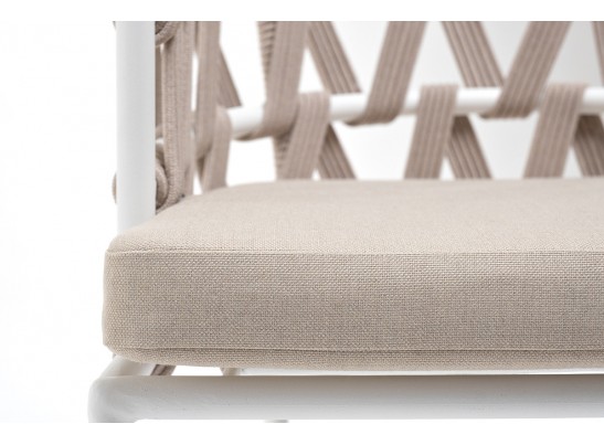 "Диего" стул плетеный из роупа, каркас из стали белый муар, роуп бежевый круглый, ткань бежевая 052 в Ростове-на-Дону