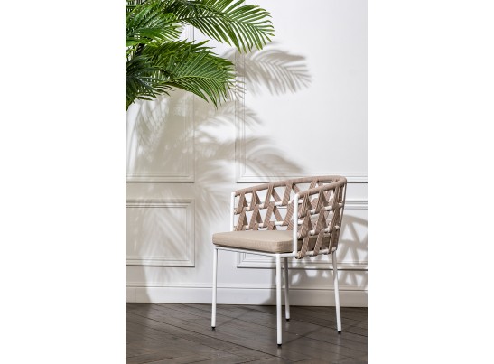 "Диего" стул плетеный из роупа, каркас из стали белый муар, роуп бежевый круглый, ткань бежевая 052 в Ростове-на-Дону