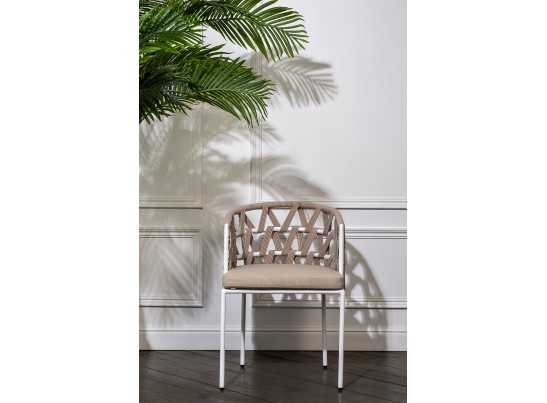 "Диего" стул плетеный из роупа, каркас из стали белый муар, роуп бежевый круглый, ткань бежевая 052 в Ростове-на-Дону