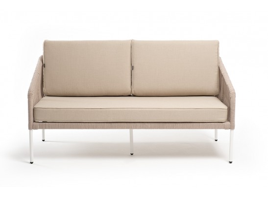 "Канны" диван 2-местный плетеный из роупа, каркас алюминий белый муар, роуп бежевый круглый, ткань бежевая 052 в Ростове-на-Дону