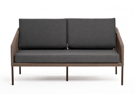 "Канны" диван 2-местный плетеный из роупа, каркас алюминий коричневый (RAL8016) муар, роуп коричневый круглый, ткань темно-серая 027 в Ростове-на-Дону