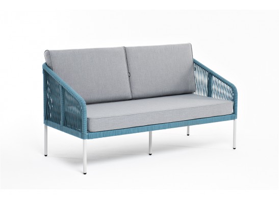 "Канны" диван 2-местный плетеный из роупа, каркас алюминий светло-серый (RAL7035) муар, роуп бирюзовый круглый, ткань светло-серая в Ростове-на-Дону
