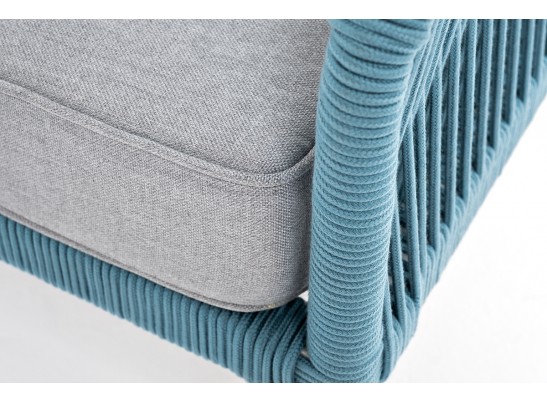 "Канны" диван 2-местный плетеный из роупа, каркас алюминий светло-серый (RAL7035) муар, роуп бирюзовый круглый, ткань светло-серая в Ростове-на-Дону